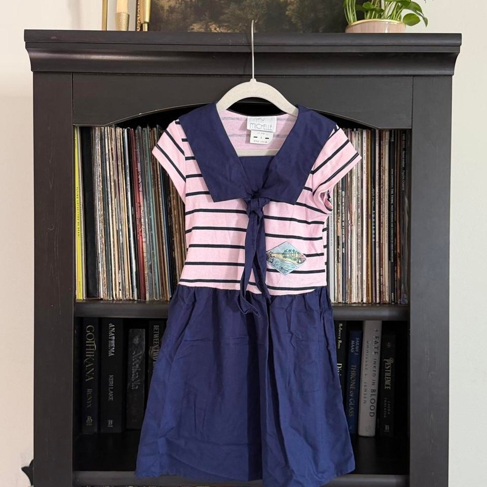 My Michelle Sailor Dress 5T Pink Navy Blue Vintage 80s Striped Beach Patch